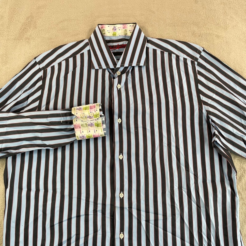Robert Graham Shirt‎ Men Large Blue Striped Flip Cuff Money Print Designer LS